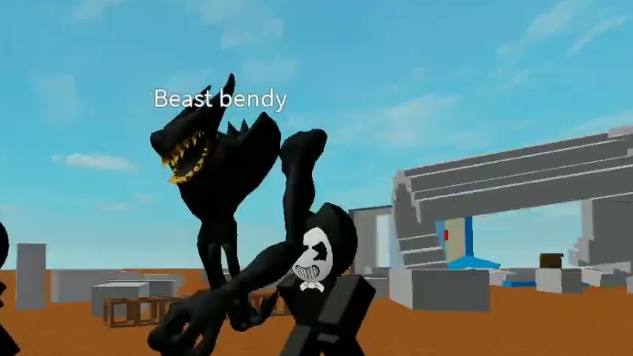 Beast Bendy and a pie-cut Bendy NPC closing in on players in the outdoor Roblox arena