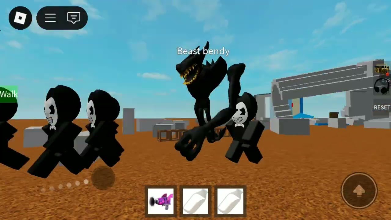 Roblox HUD with a blaster and bottle loadout while Bendy NPCs and Beast Bendy roam the sandy map